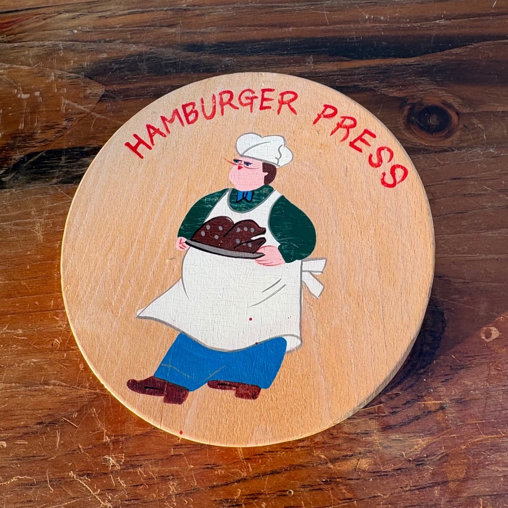 Vintage Wooden Hamburger Press Chef Graphic Hinged Burger Maker Japan MCM 5.5"
